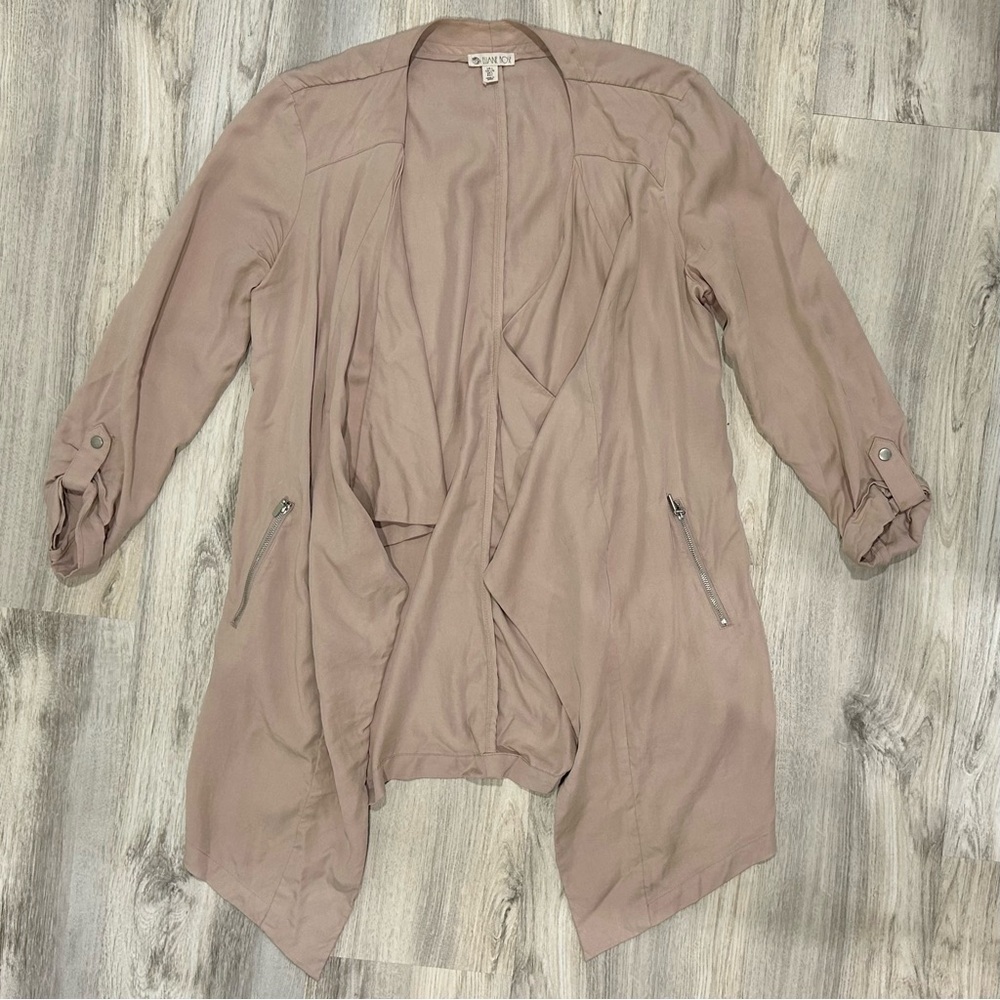 Eliane Rose Open Blazer Jacket Tencel Beige Pink Roll Tab 3/4 Sleeve Size L